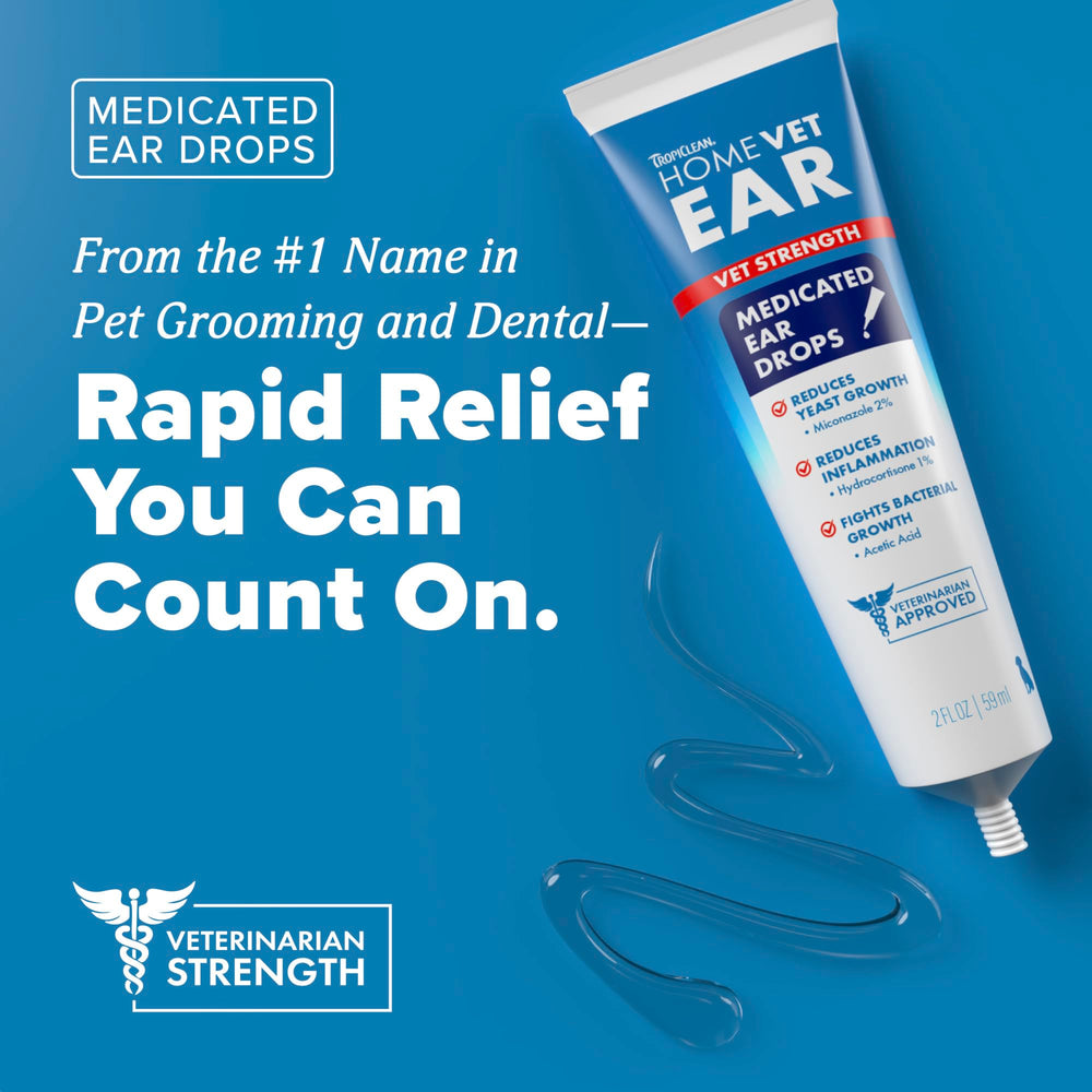 TropiClean HomeVet medicated ear drops ingredients close-up for fungal and yeast care