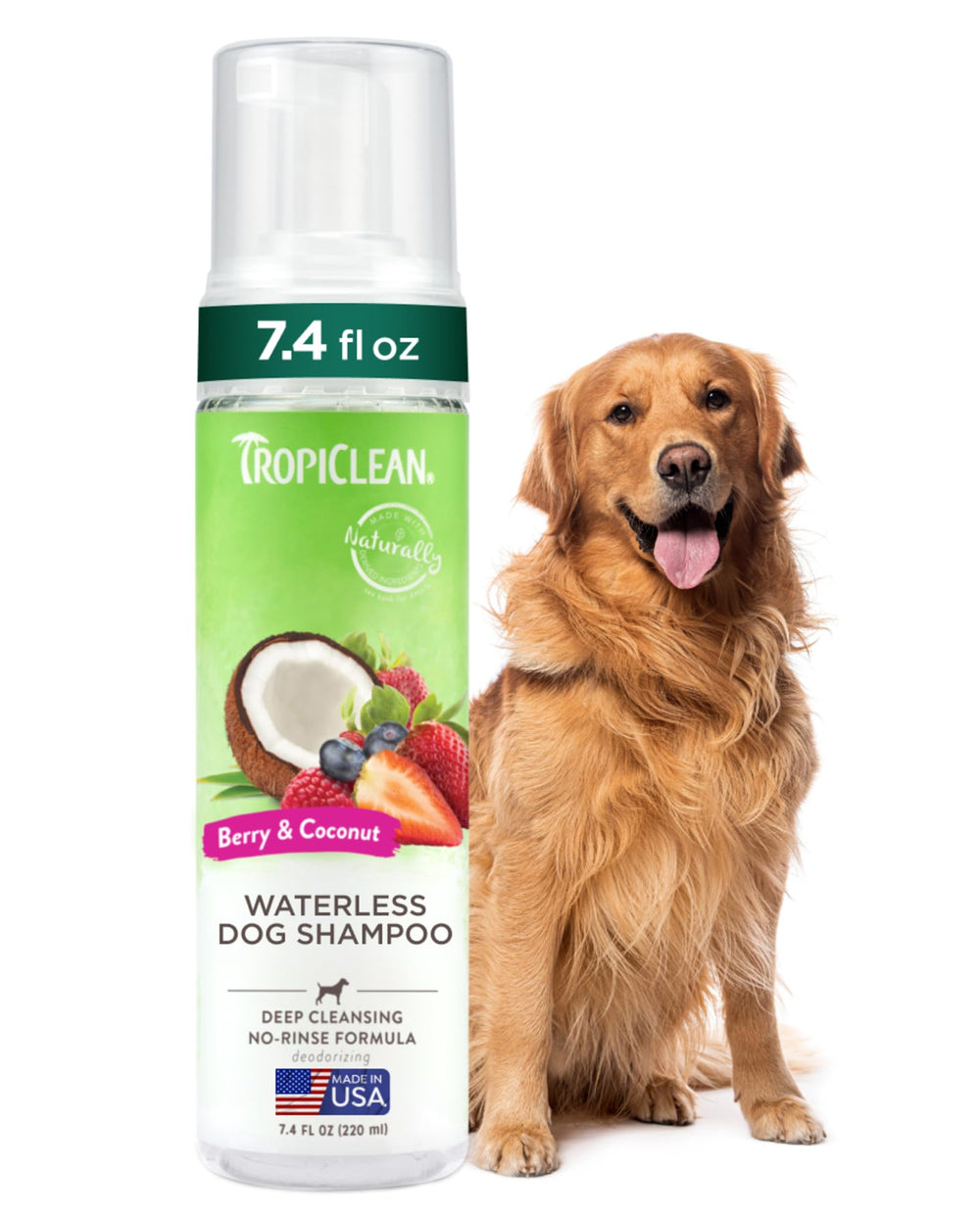TropiClean No Rinse bottle pour shows quick clean with berry scent