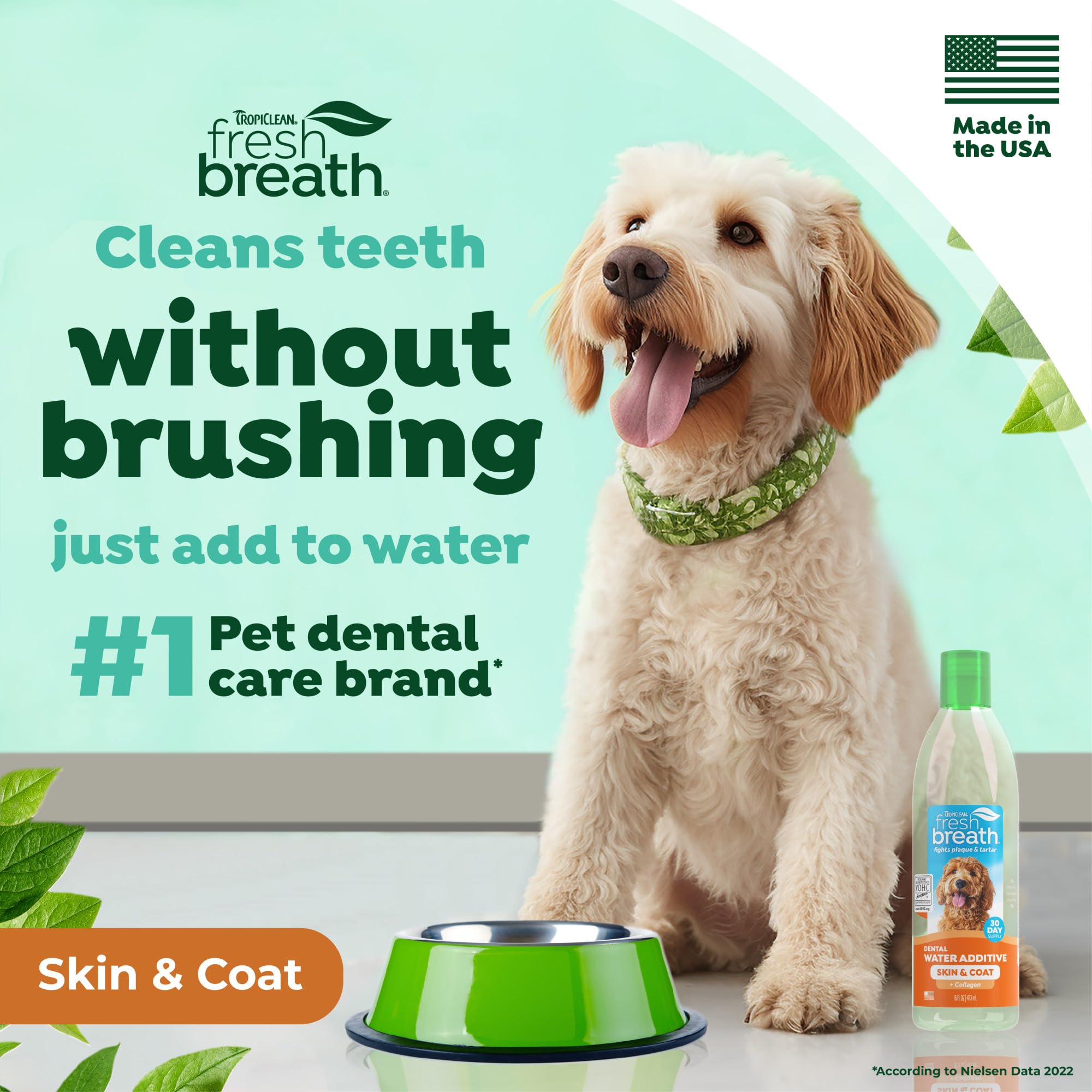 TropiClean Omega-3-6 skin coat support highlights the coat's shine and healthy skin