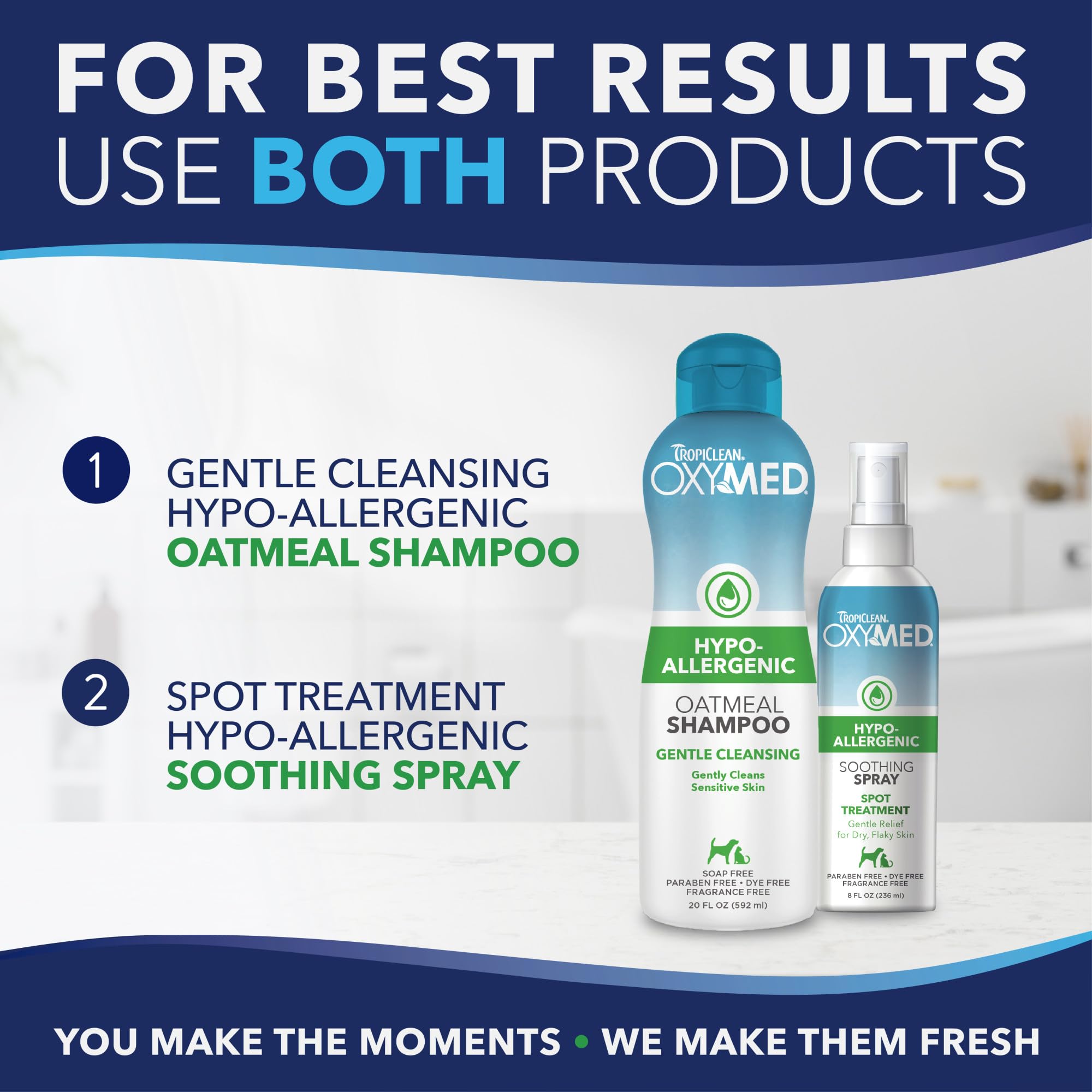 TropiClean OxyMed 20oz bottle on shelf signals long-lasting clean.