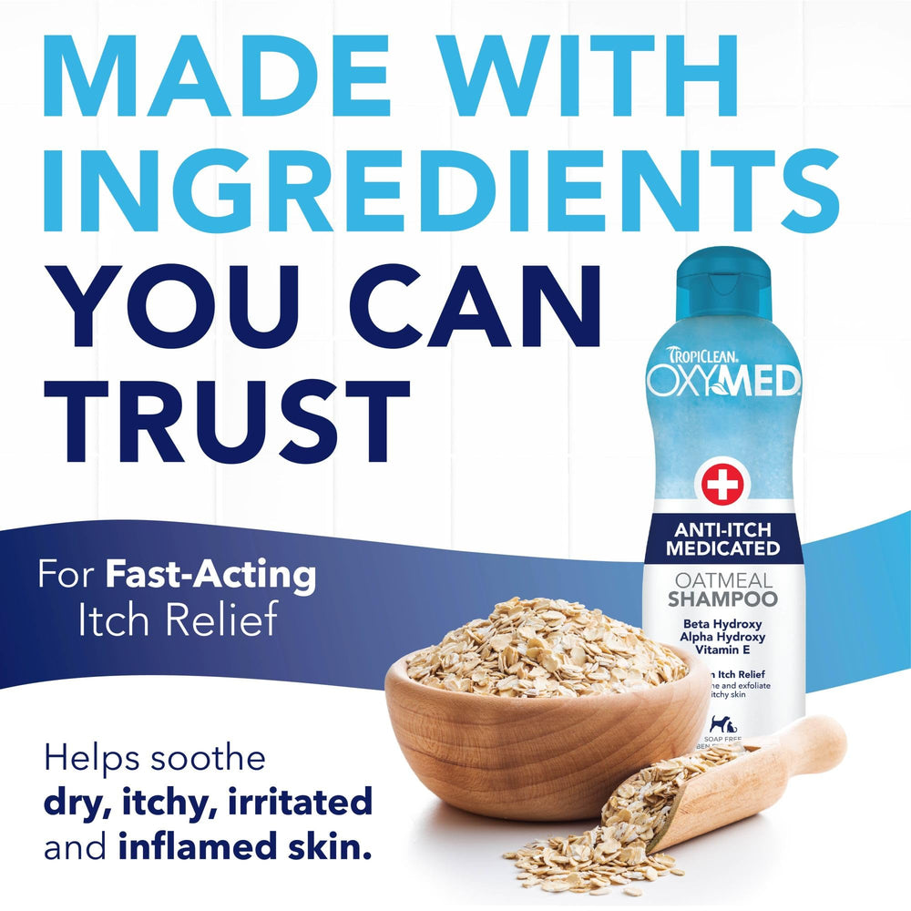 TropiClean Oxymed cat and dog shampoo label mentions medicated oatmeal blend.