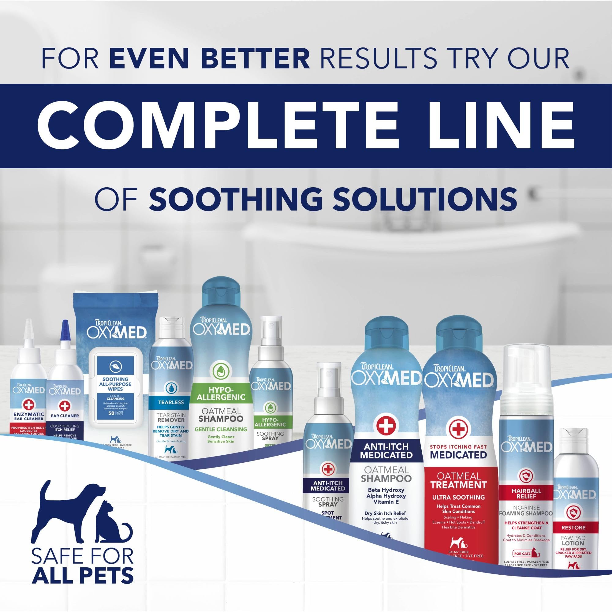 TropiClean Oxymed cat-safe shampoo on towel indicating gentle use for sensitive pets.
