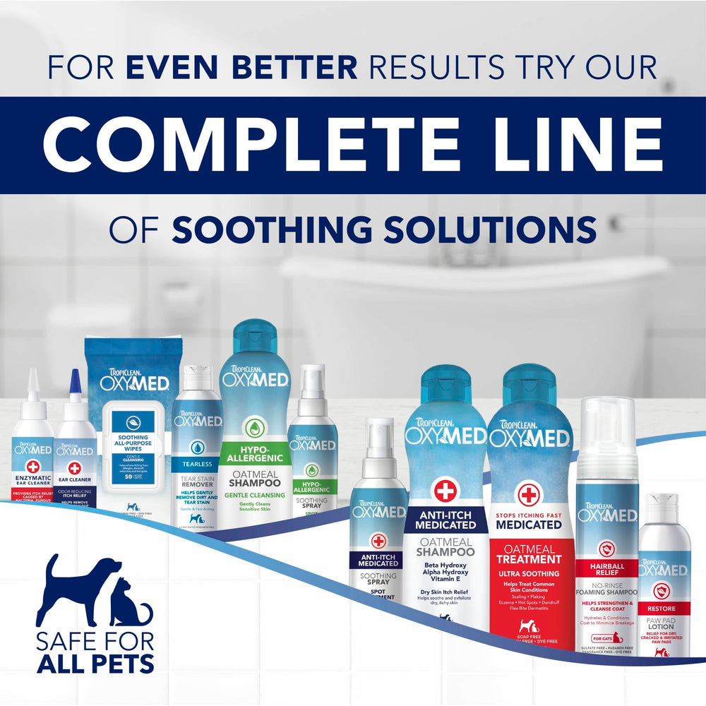 TropiClean Oxymed cat-safe shampoo on towel indicating gentle use for sensitive pets.