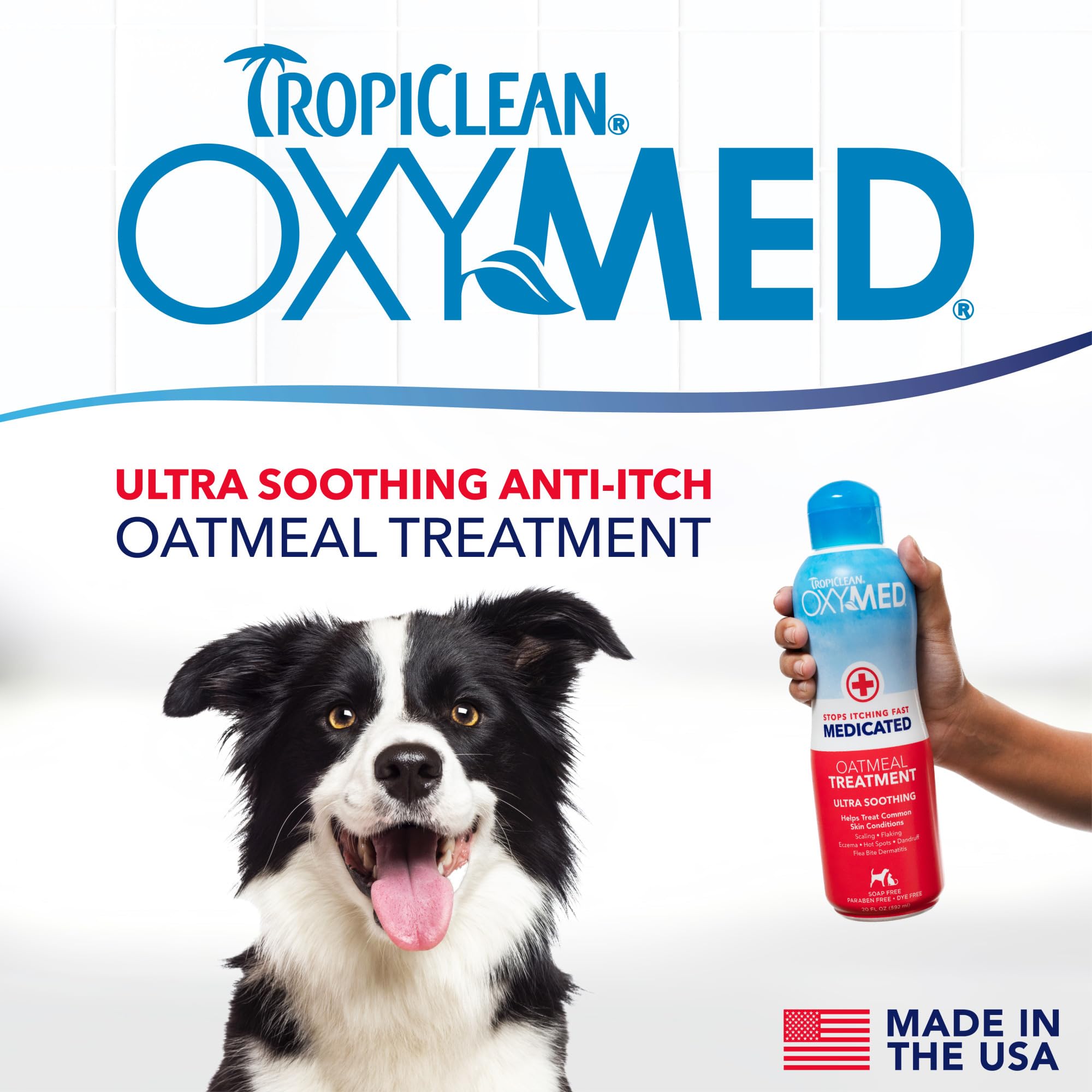 TropiClean Oxymed conditioner label highlights oatmeal and aloe ingredients.