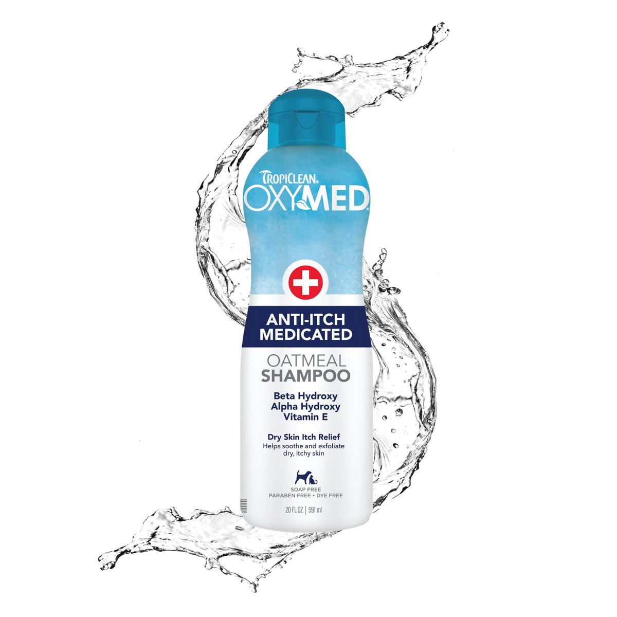 TropiClean Oxymed dog shampoo bottle showing soothing oatmeal formula for irritated skin.