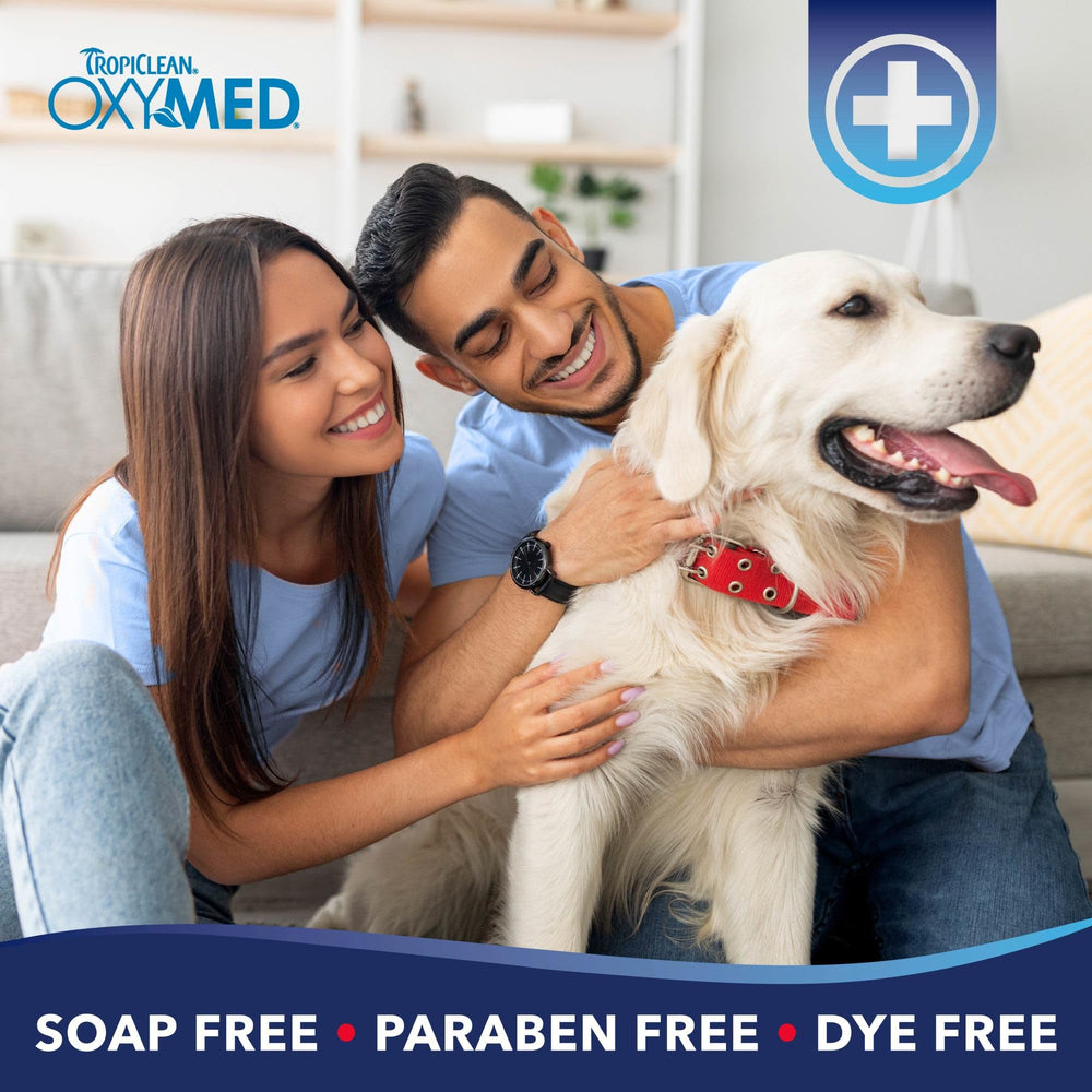 TropiClean Oxymed ear cleaner and spray display supporting a full care routine.