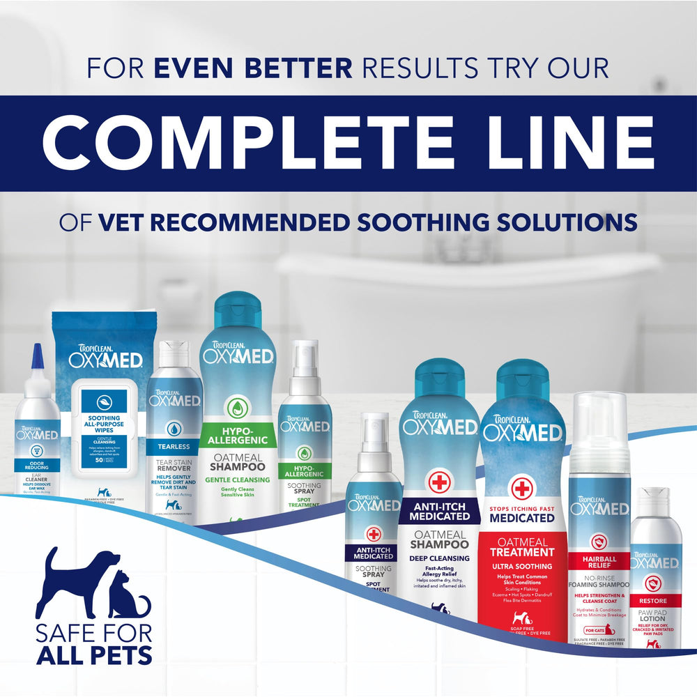 TropiClean OxyMed ear cleaner pairing image suggests total care routine.