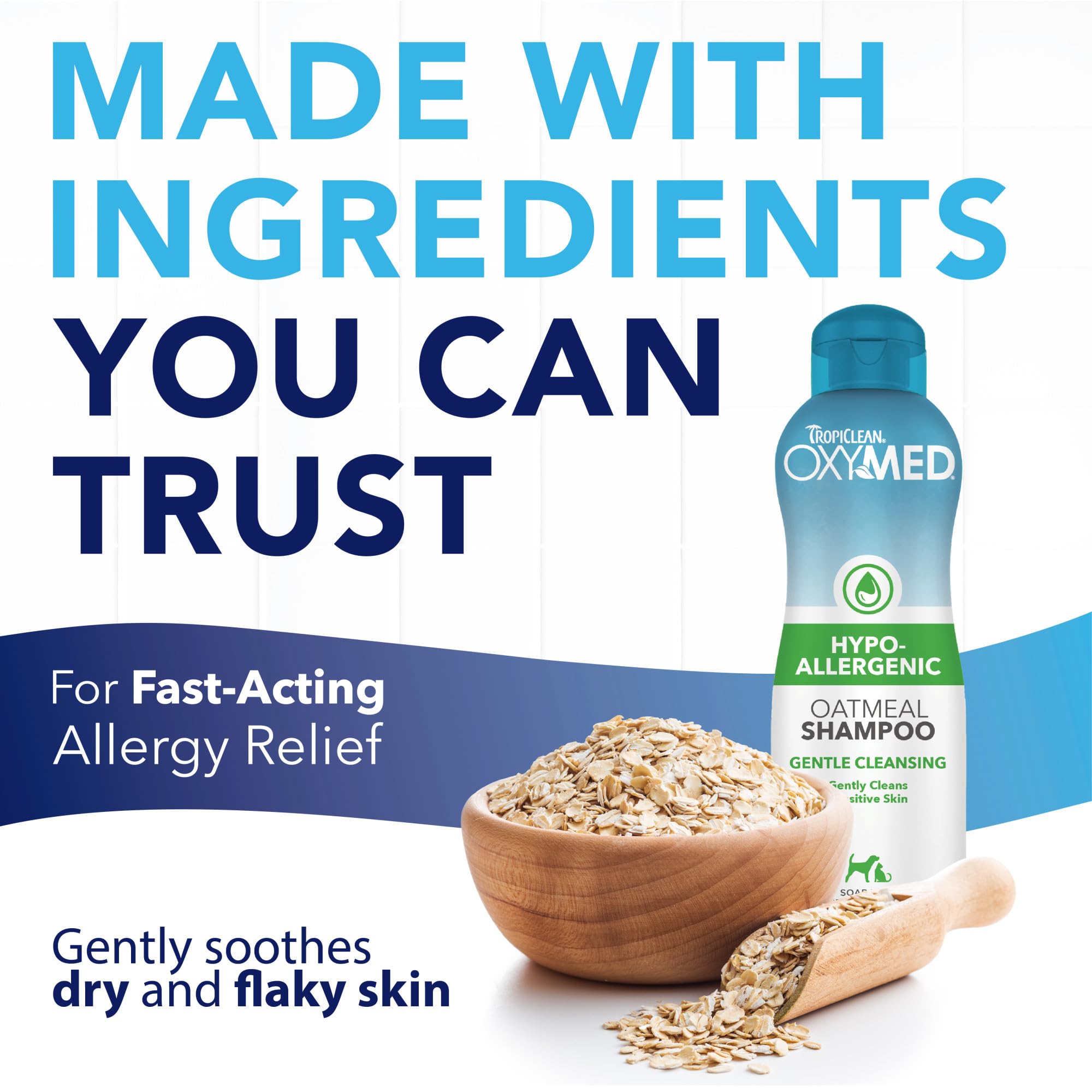 TropiClean OxyMed gentle cleanse with coconut cleanser offers mild cleansing for sensitive pets.