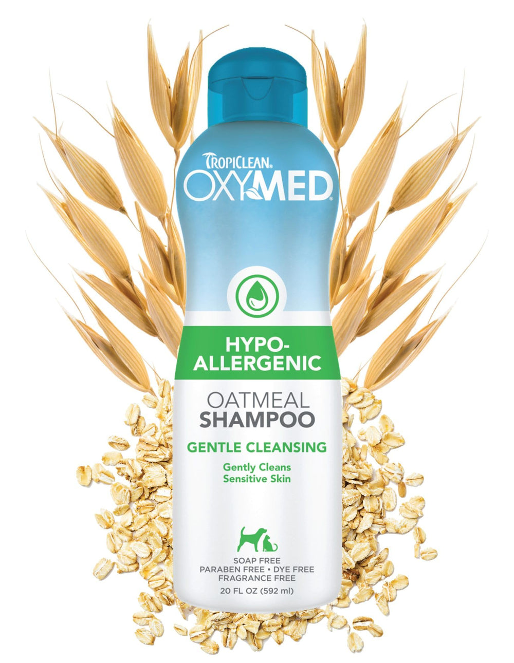 TropiClean OxyMed hypoallergenic dog shampoo bottle promotes gentle cleansing for sensitive skin.