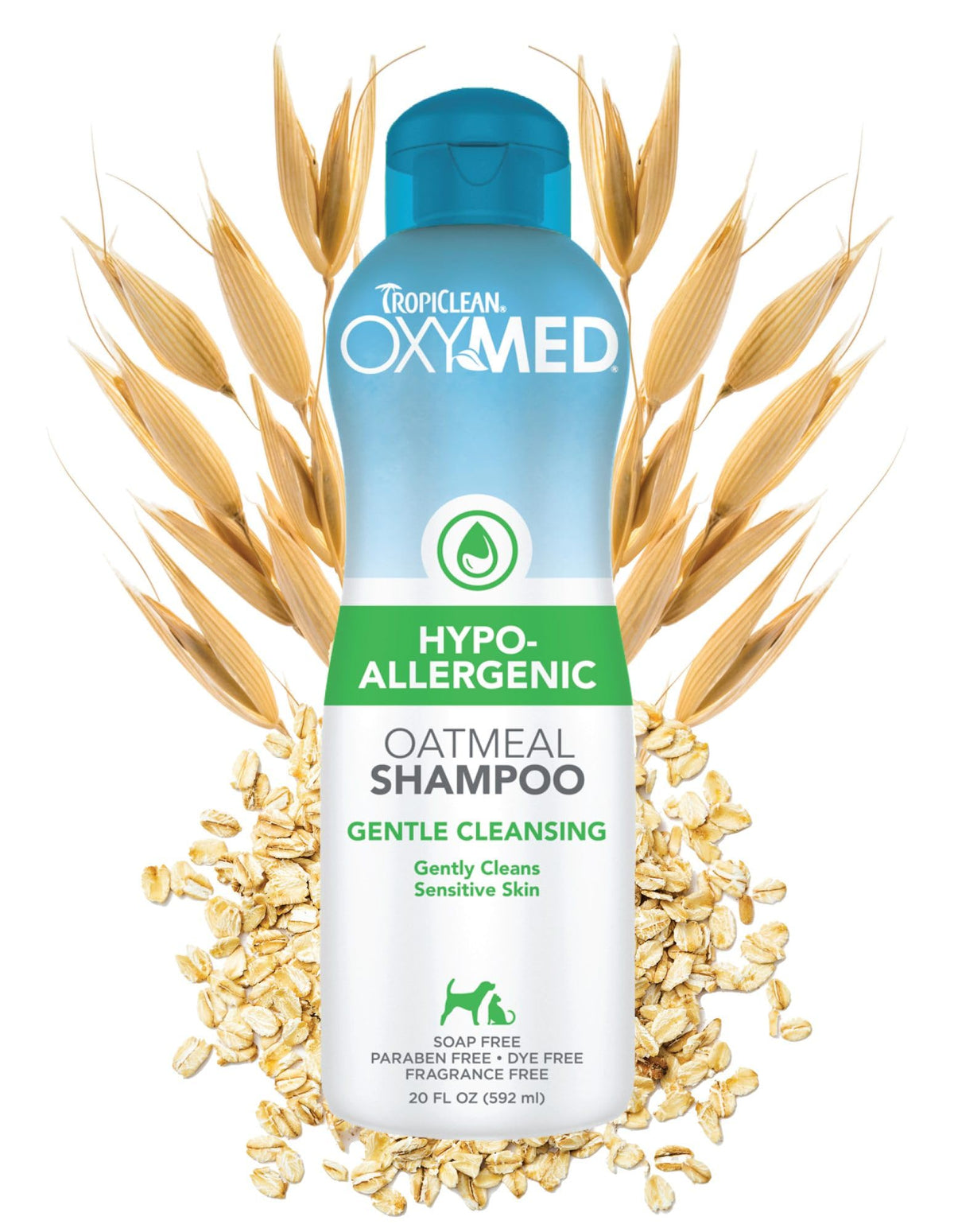 TropiClean OxyMed hypoallergenic dog shampoo bottle promotes gentle cleansing for sensitive skin.