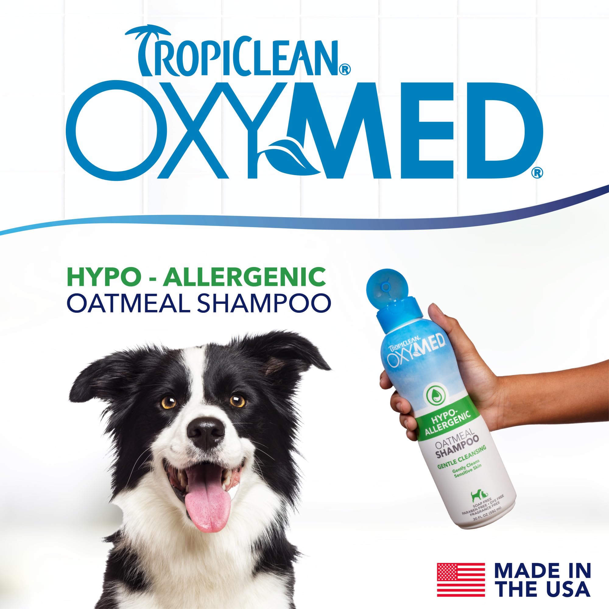 TropiClean OxyMed oatmeal relief shampoo shows nourishing coat and itch relief potential.