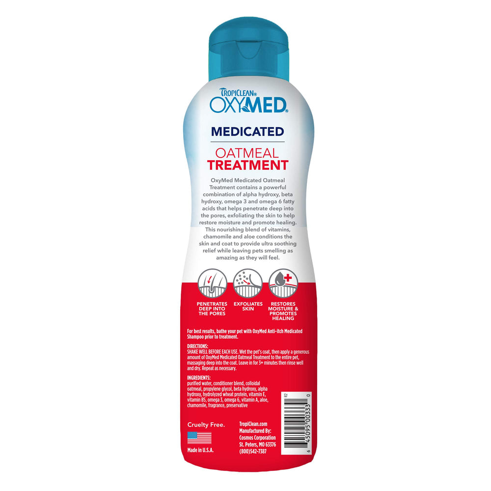 TropiClean Oxymed soothing action close-up hints itch-relief potential.