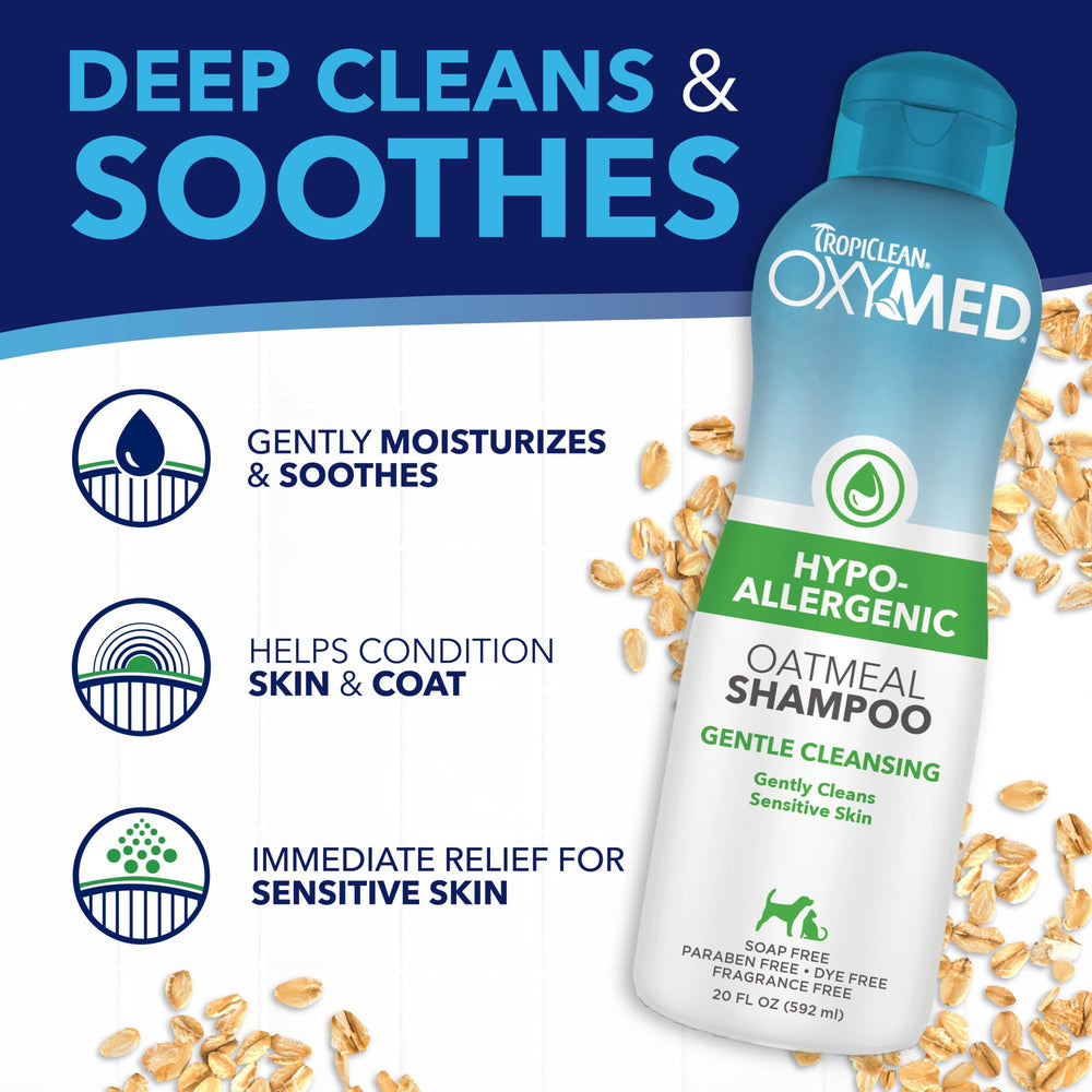 TropiClean OxyMed tearless formula close-up suggests stress-free baths.