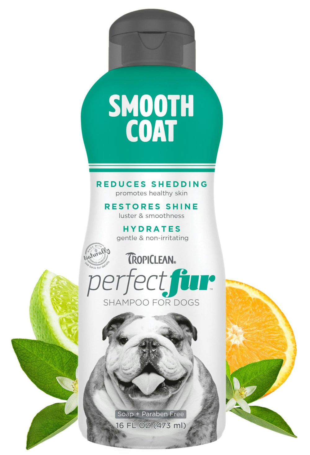 TropiClean Perfect Fur deshedding bottle pour shows a gentle wash for smoother coats.