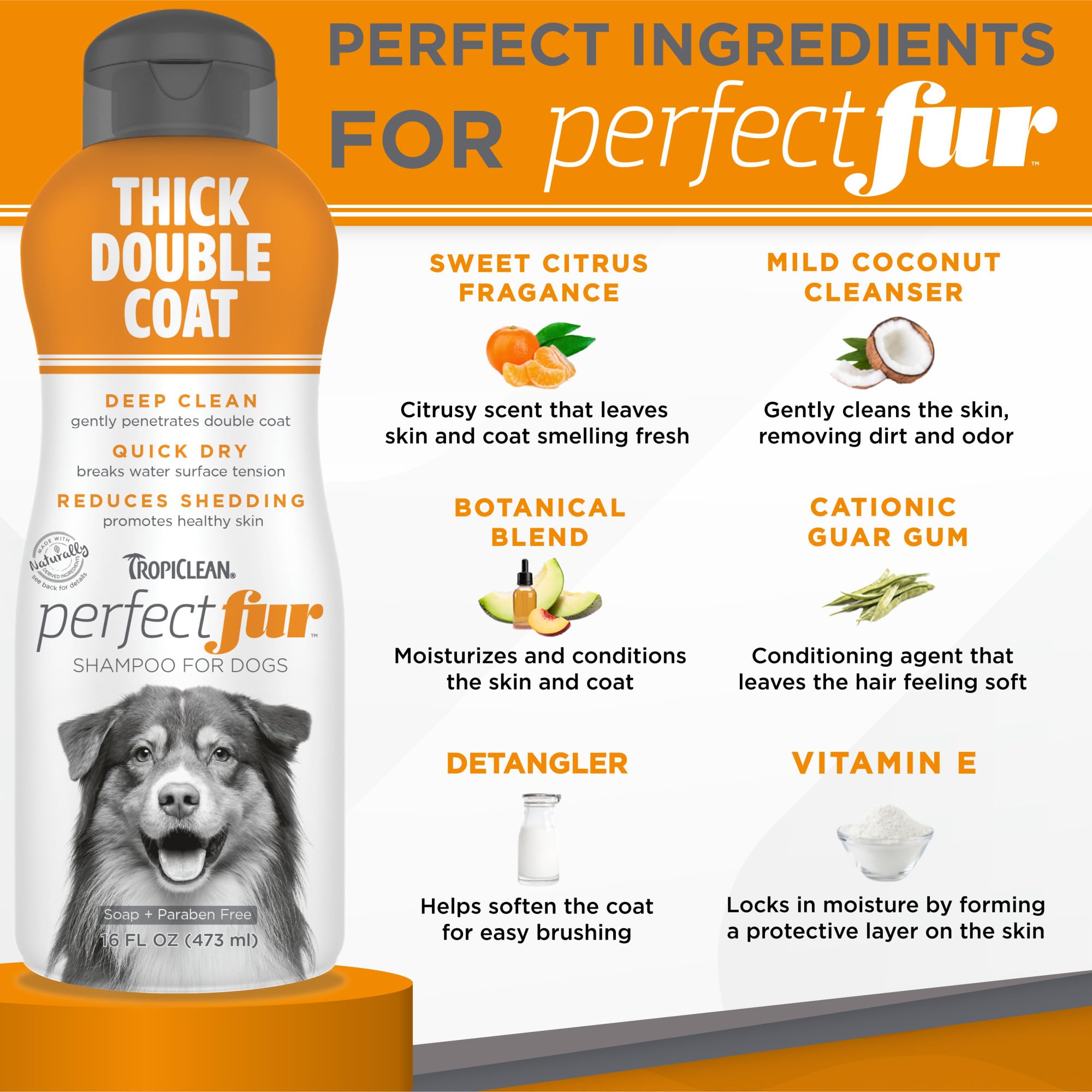 TropiClean Perfect Fur double-coat close-up emphasizes thorough cleaning and care