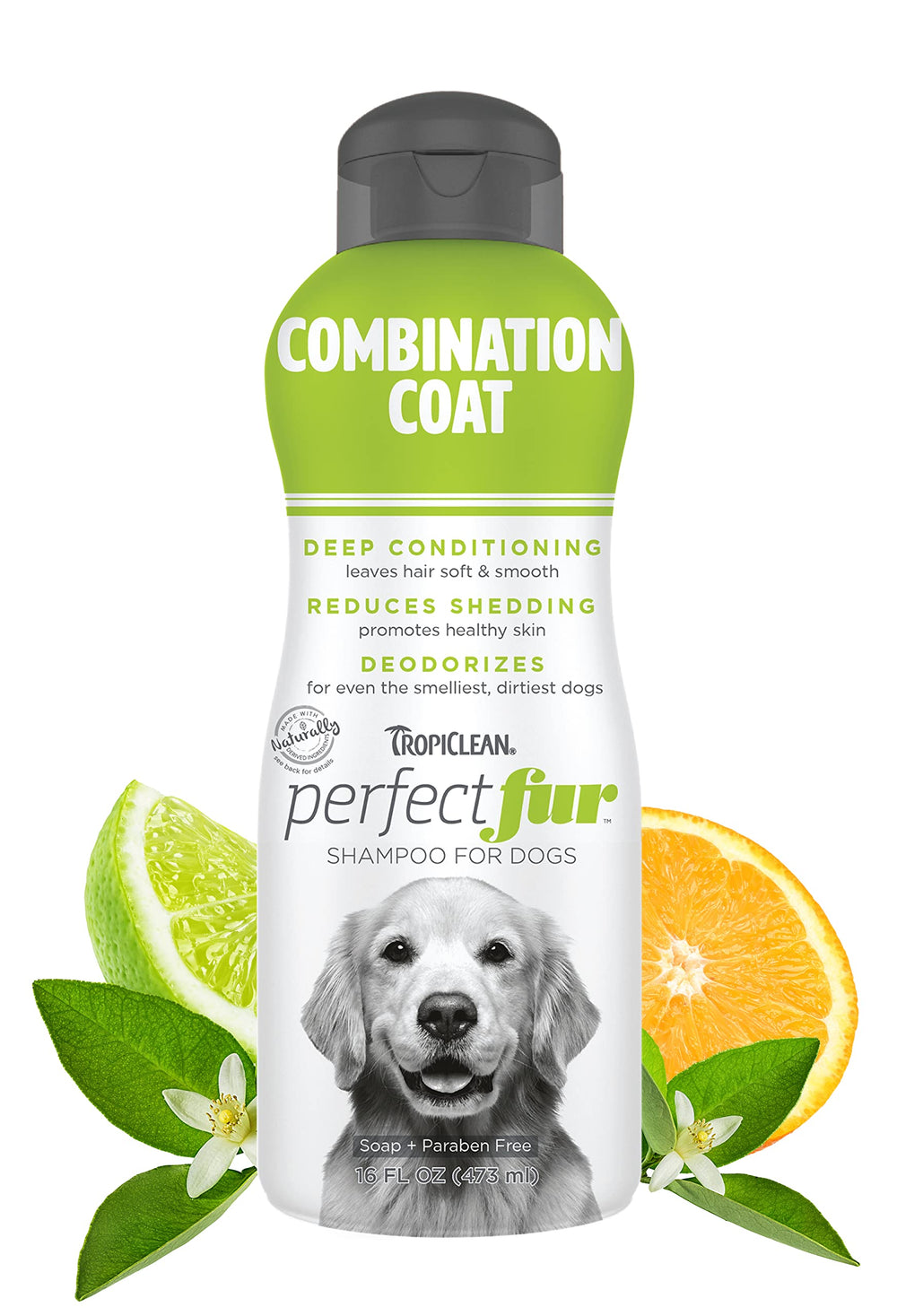 TropiClean Perfect Fur shampoo bottle shows gentle odor-control wash for dogs.