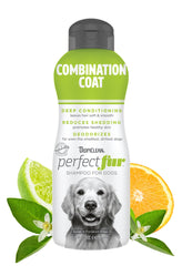 TropiClean Perfect Fur shampoo bottle shows gentle odor-control wash for dogs.
