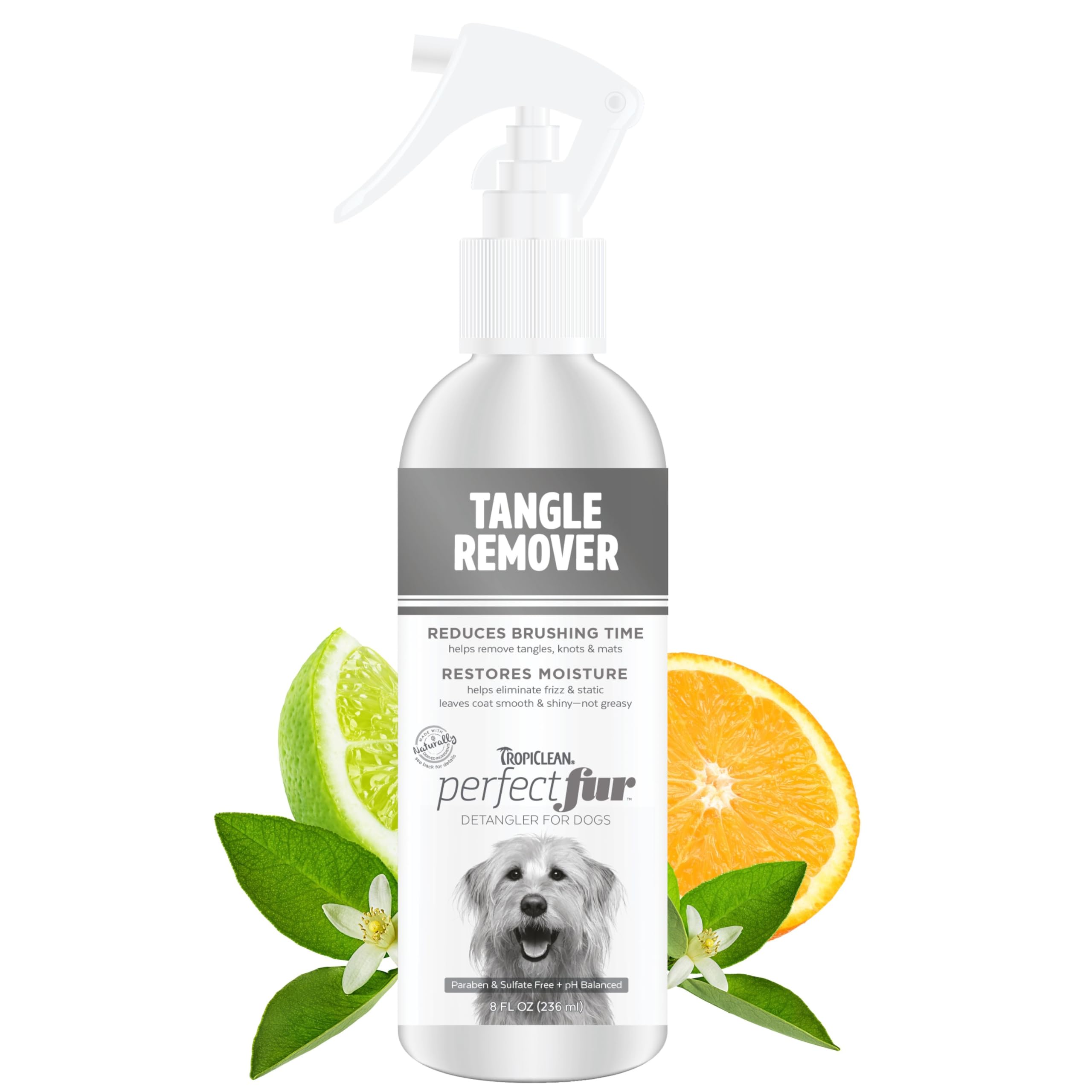 TropiClean Perfect FurDetangler Spray frente de la botella: desenreda nudos con suavidad