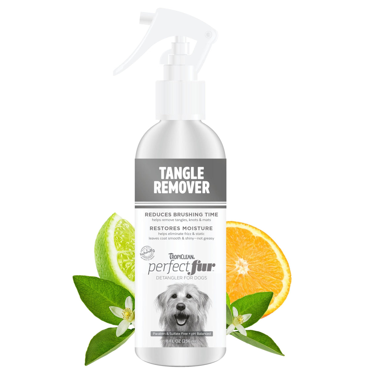 TropiClean Perfect FurDetangler Spray frente de la botella: desenreda nudos con suavidad