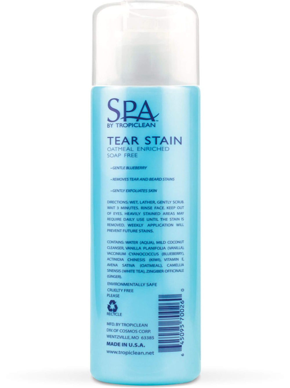 TropiClean SPA blueberry facial shampoo foam highlights refreshing scent and easy lather.