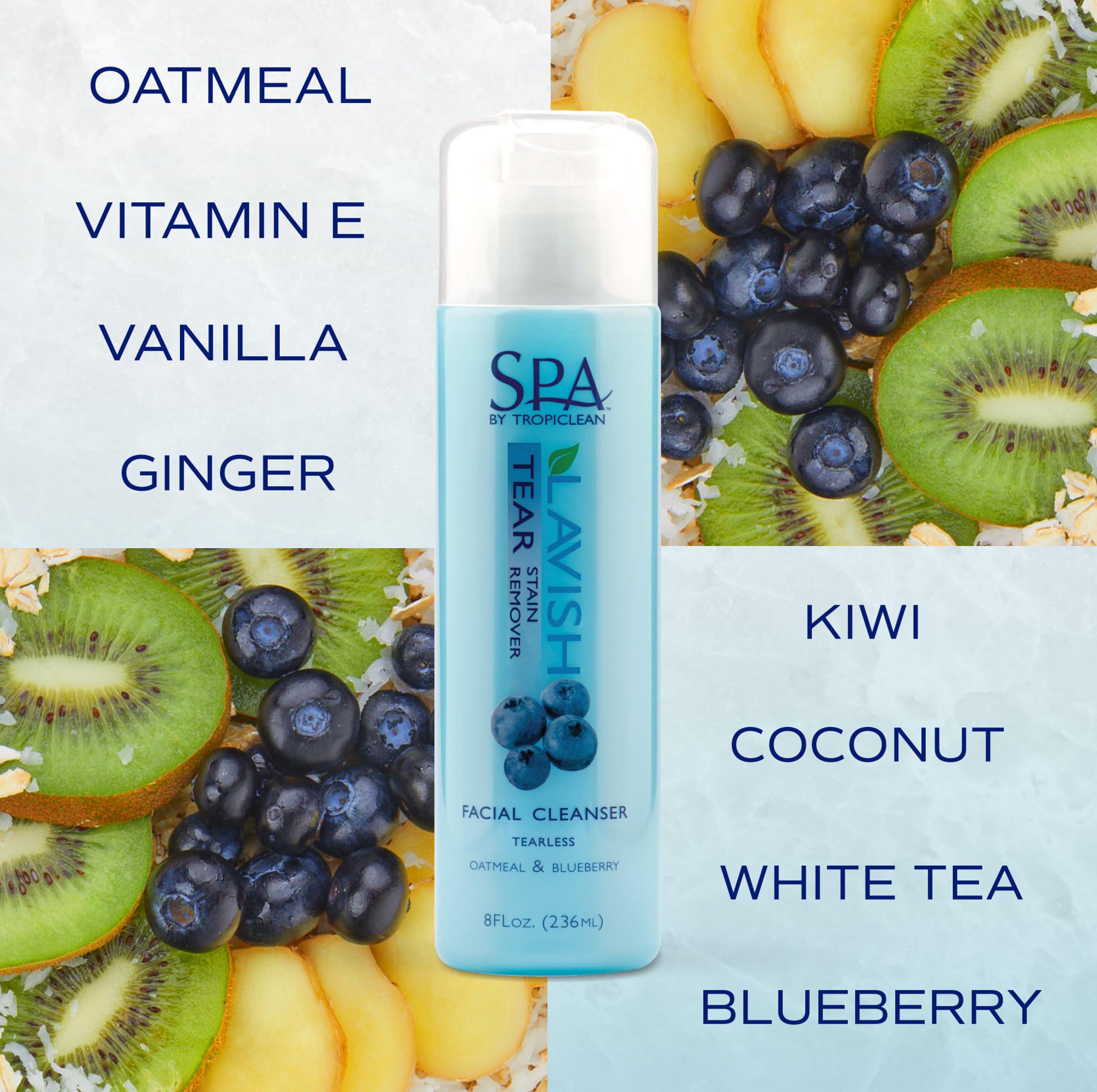 TropiClean SPA oatmeal vitamin E moisturizes coat image highlights nourishing care.