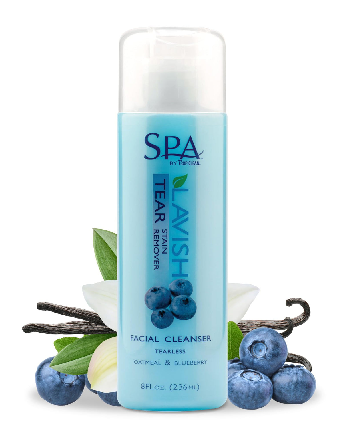 TropiClean SPA tear-stain remover bottle demonstrates gentle whitening and stain-fighting for dogs.