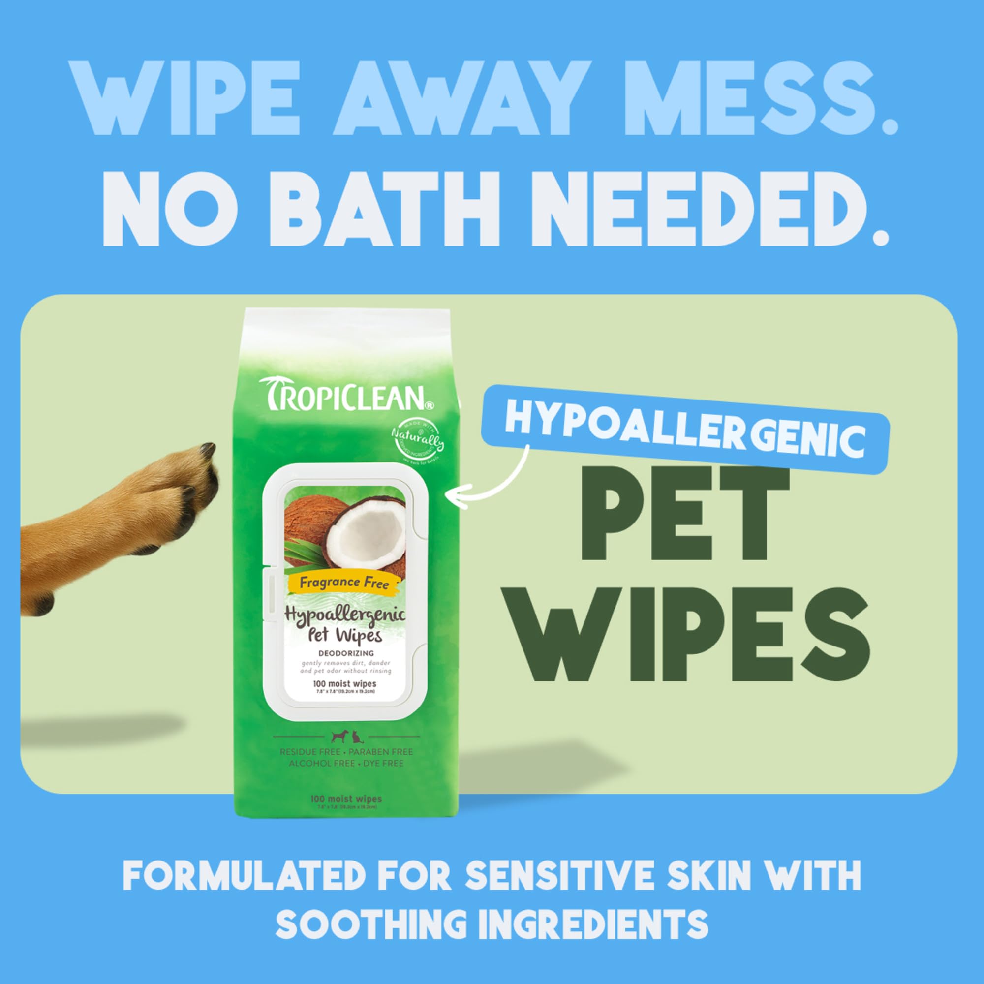 TropiClean toallitas hipoalergenicas para patas, elimina suciedad rapidamente.