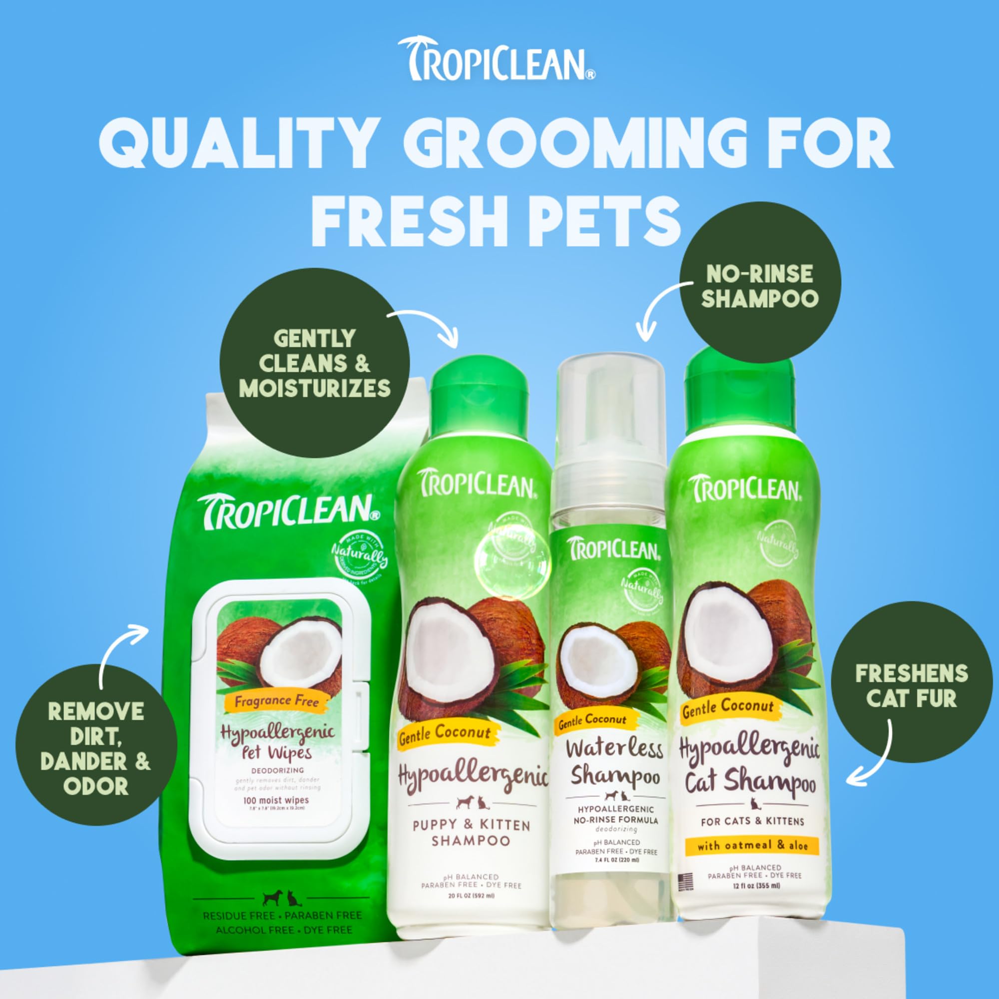 Pack de 100 toallitas TropiClean, opción práctica para viajes.