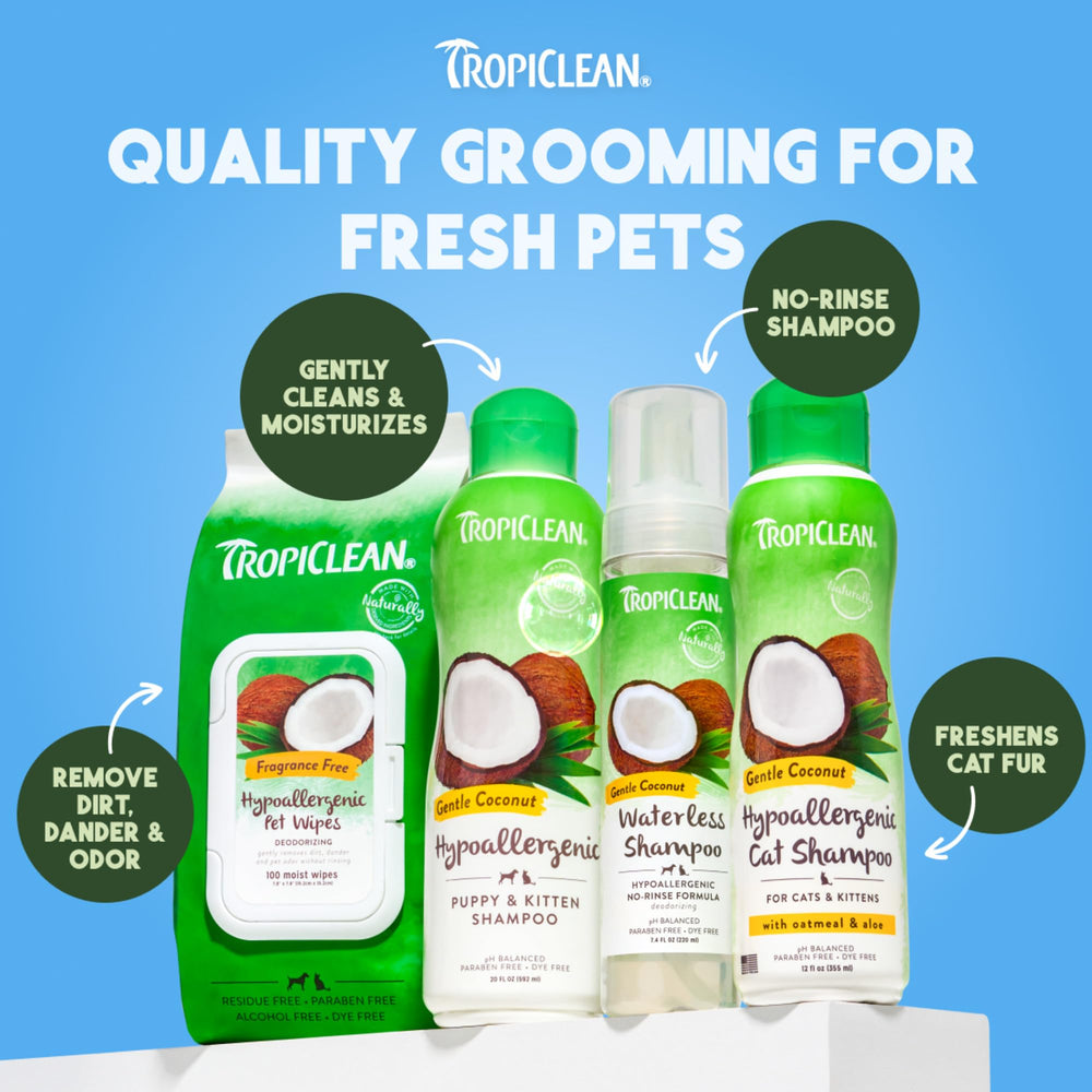 Pack de 100 toallitas TropiClean, opción práctica para viajes.