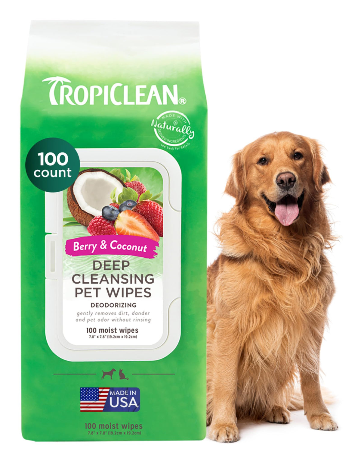 TropiClean toallitas limpieza profunda para mascotas, paquete visible para limpieza rápida de cara y patas.
