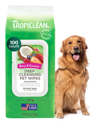TropiClean toallitas limpieza profunda para mascotas, paquete visible para limpieza rápida de cara y patas.