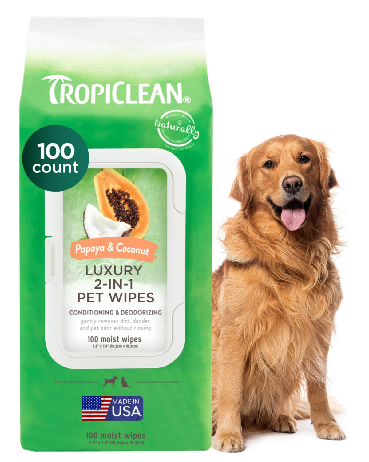 Toallitas TropiClean Papaya y Coco para perros y gatos; limpieza rápida y olor agradable.