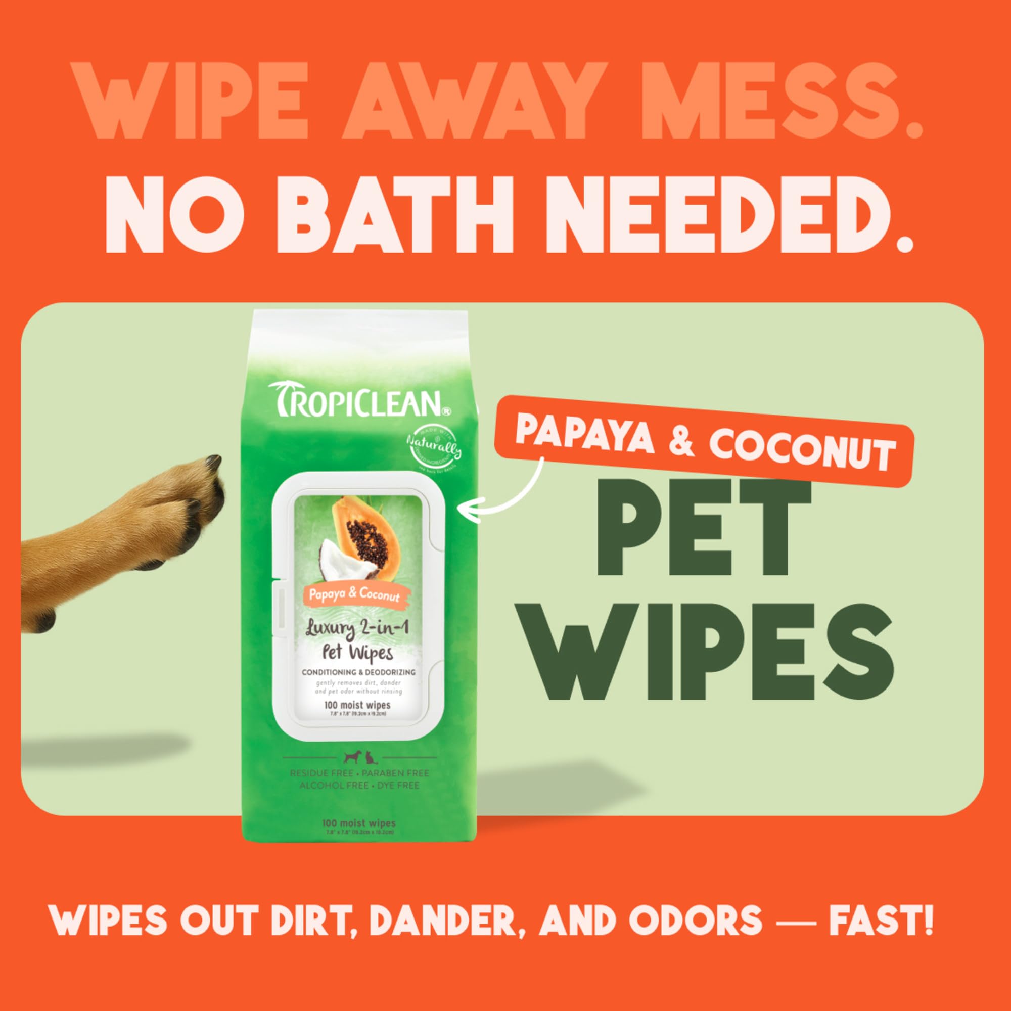 Toallitas TropiClean para rostro y patas de mascotas; limpieza suave.