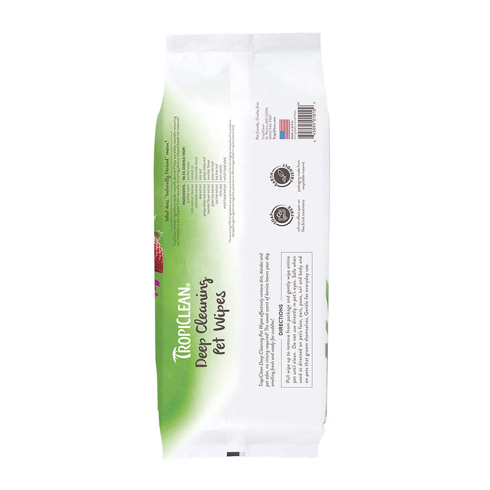 TropiClean toallitas seguras para perros y gatos, ideal para áreas traseras y pliegues.