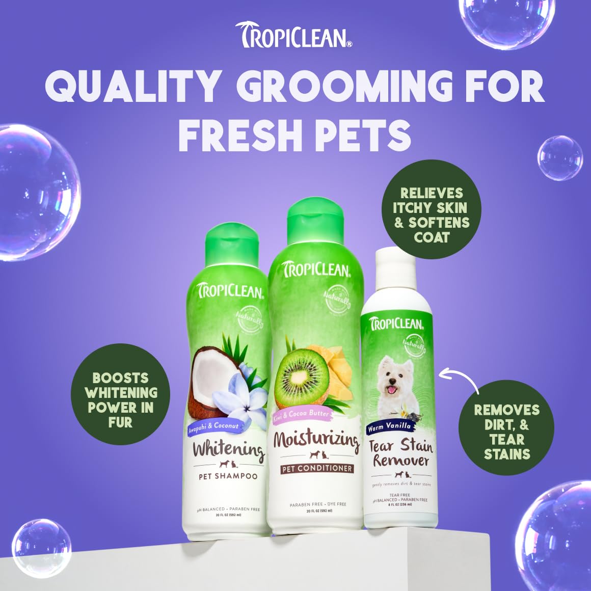TropiClean Whitening Dog Shampoo after-bath portrait features glossy, clean coat