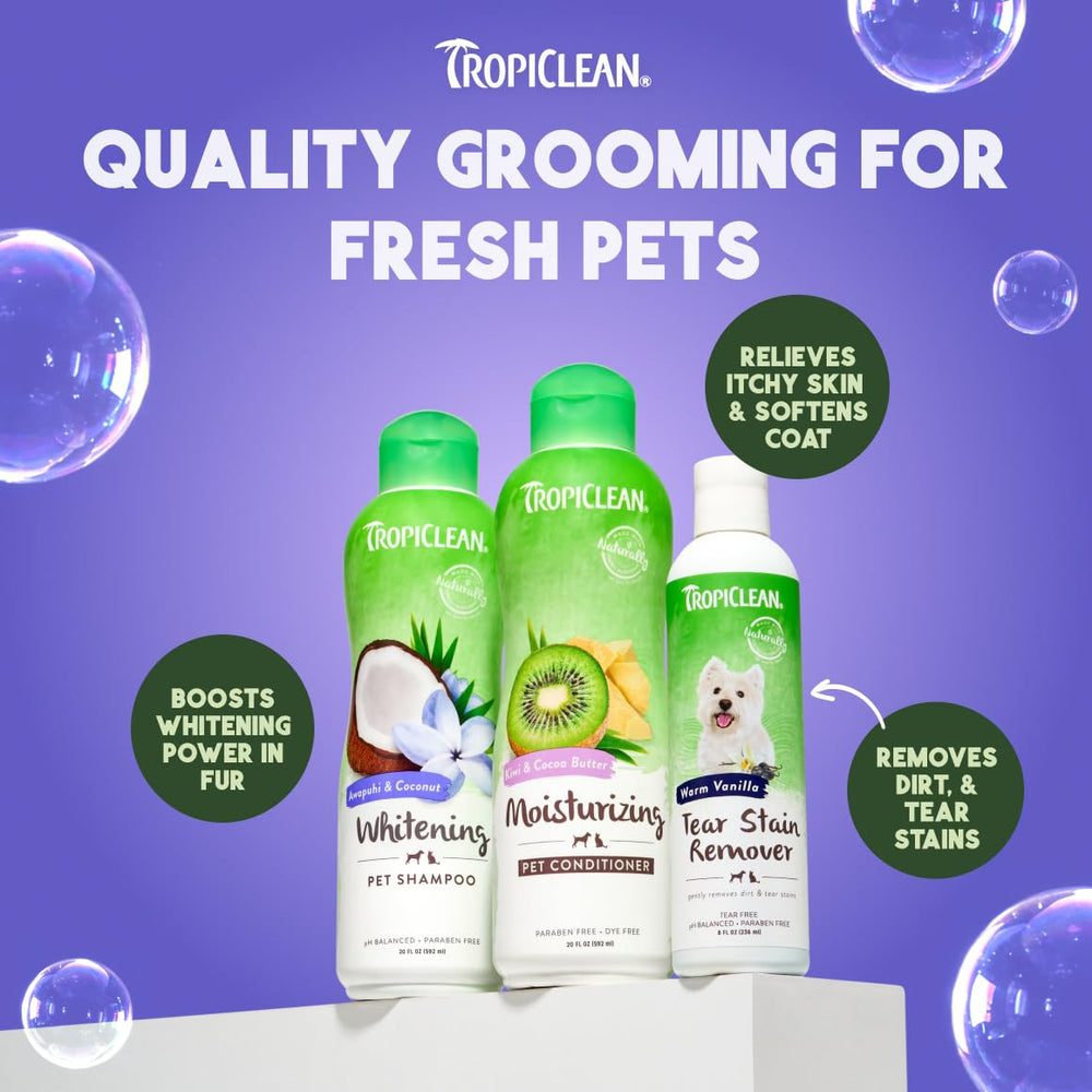TropiClean Whitening Dog Shampoo after-bath portrait features glossy, clean coat