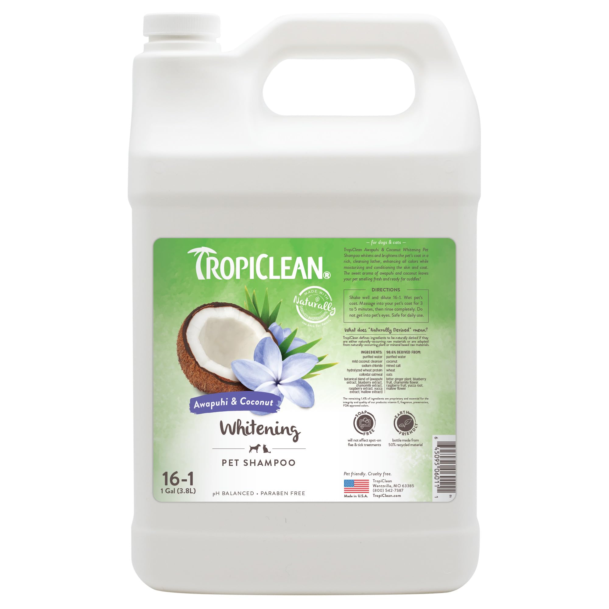 TropiClean Whitening Dog Shampoo bottle highlights coat-brightening formula