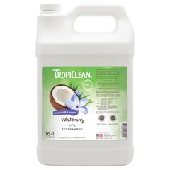 TropiClean Whitening Dog Shampoo bottle highlights coat-brightening formula