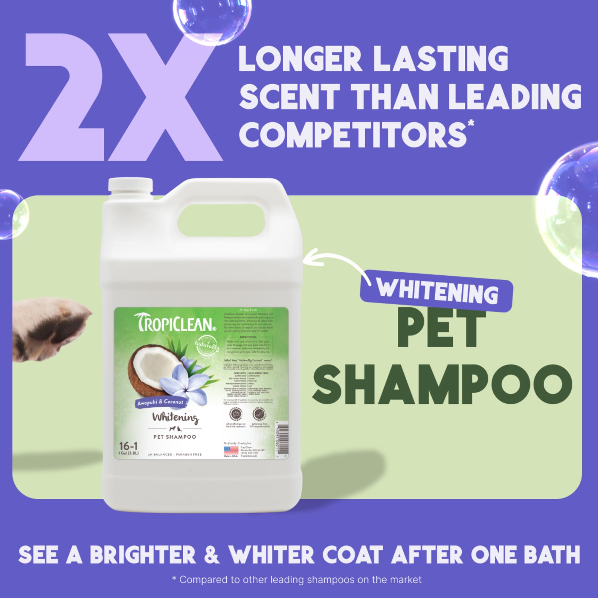 TropiClean Whitening Dog Shampoo lather demonstrates easy cleansing and refreshing scent
