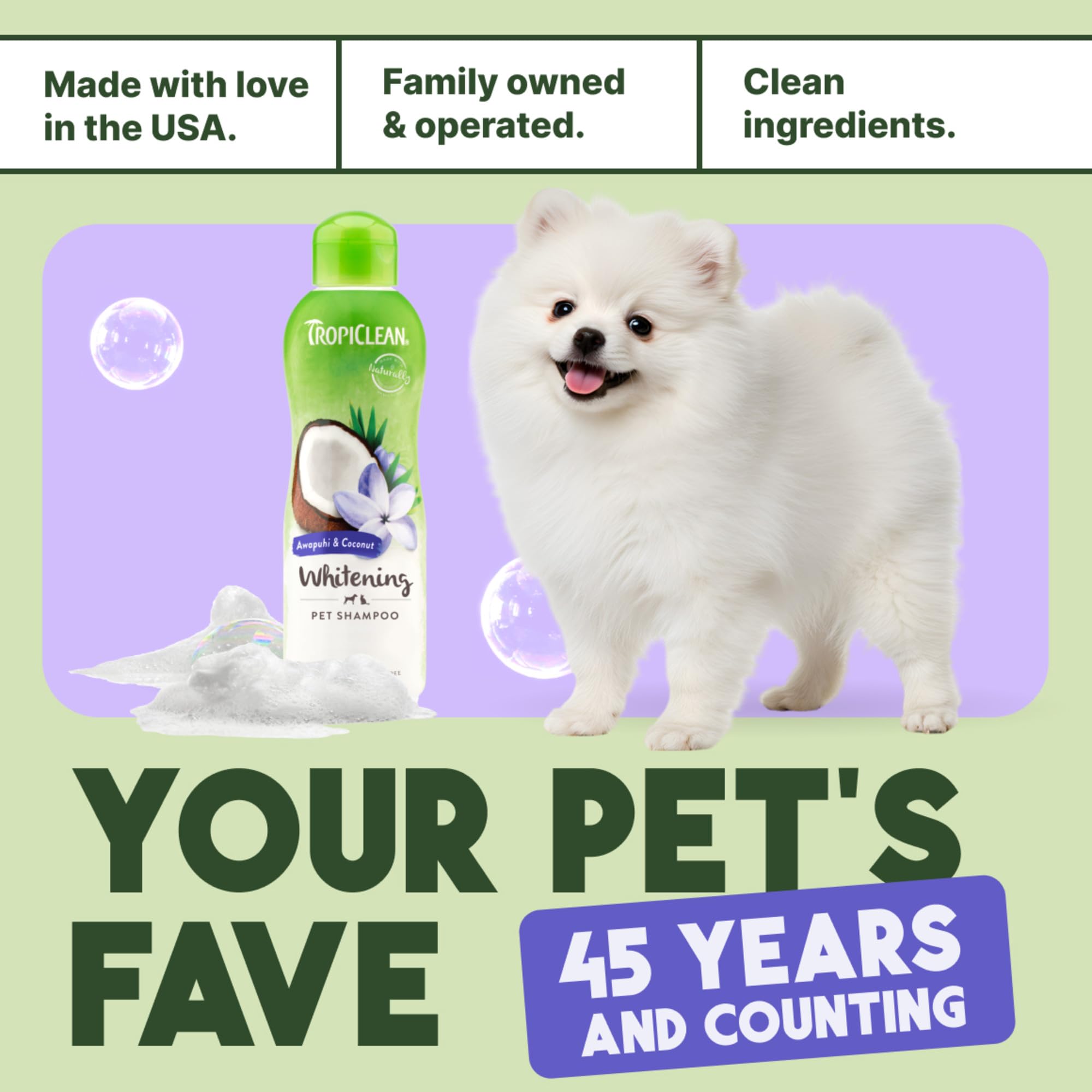 TropiClean Whitening Dog Shampoo professional-use shot suggests grooming-grade cleansing