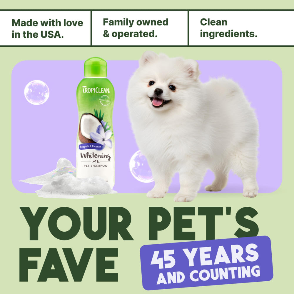 TropiClean Whitening Dog Shampoo professional-use shot suggests grooming-grade cleansing