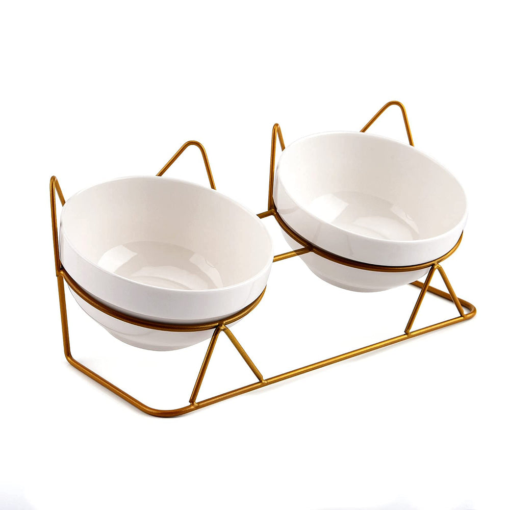 Trosetry cat bowls tilted on raised stand for comfortable meals and reduced strain.