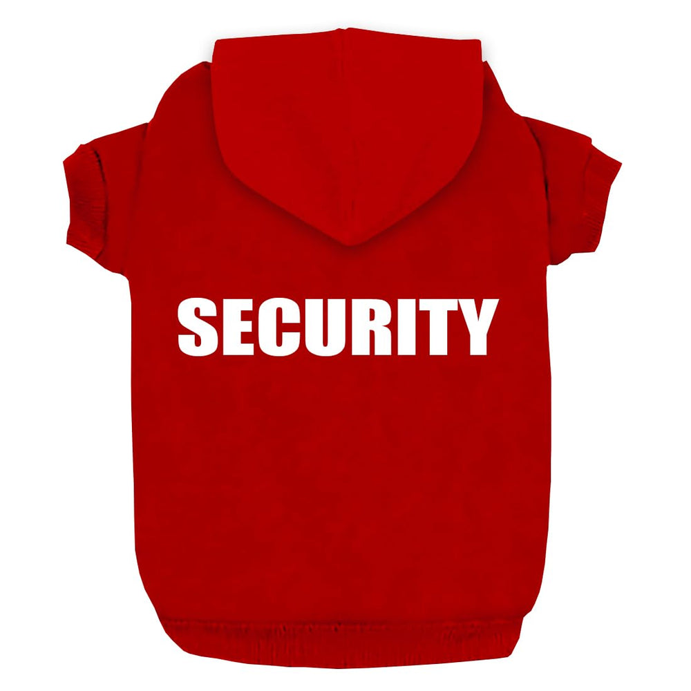 Trudz PET security dog hoodie in red, front view, snug fit for warmth.