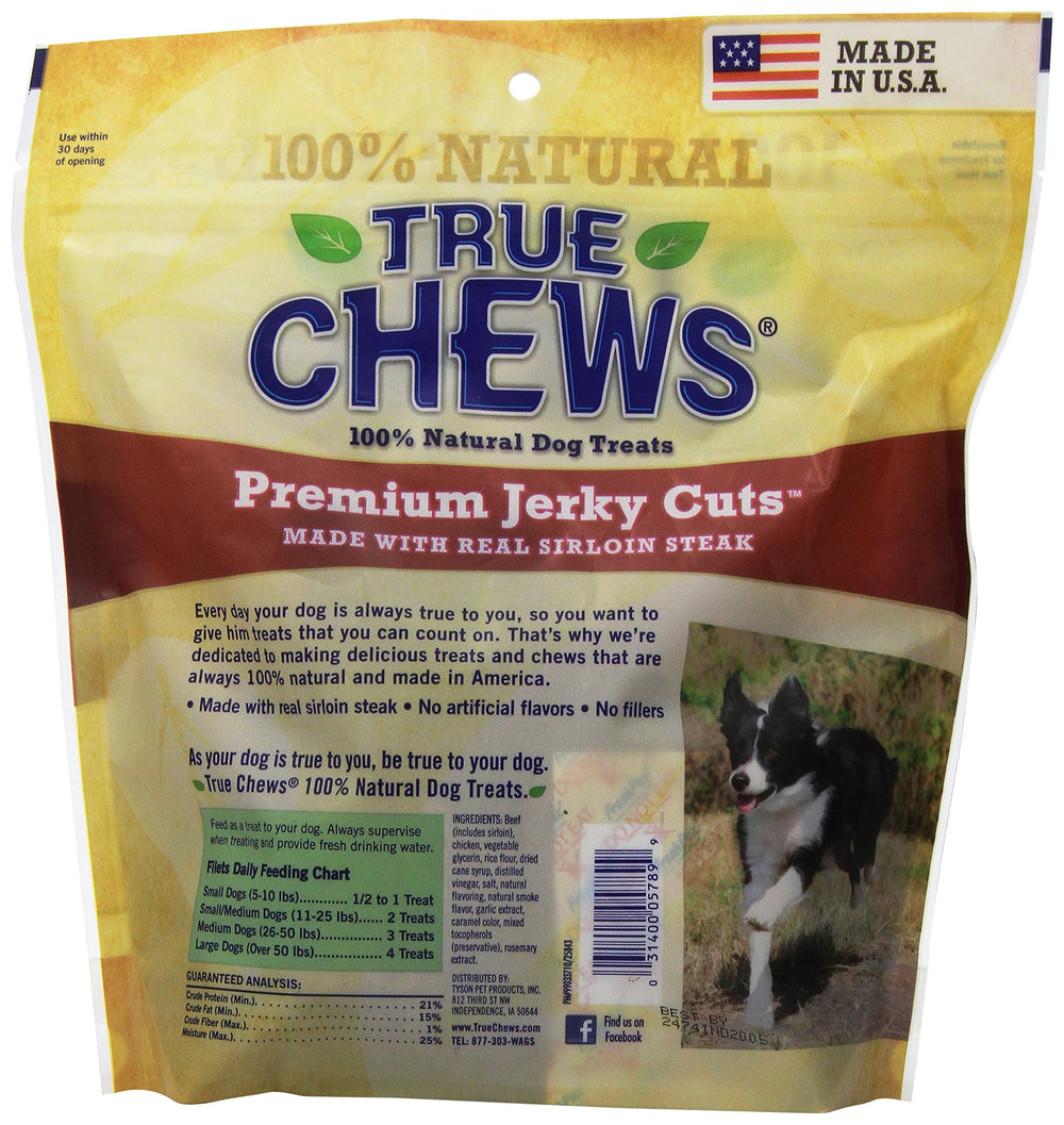 True Chews Jerky Cuts Sirloin bite close-up savory texture for dogs.