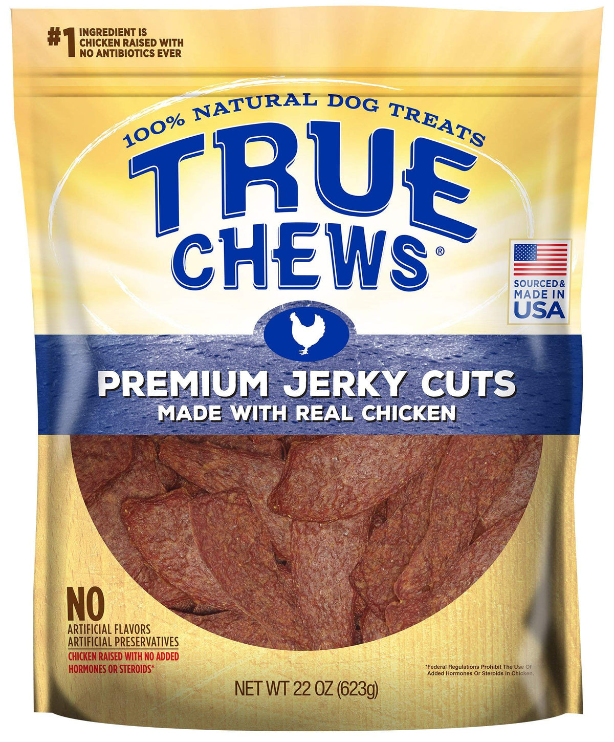 True Chews Premium Jerky Cuts chicken bag open showing tender real-chicken snacks for training rewards.