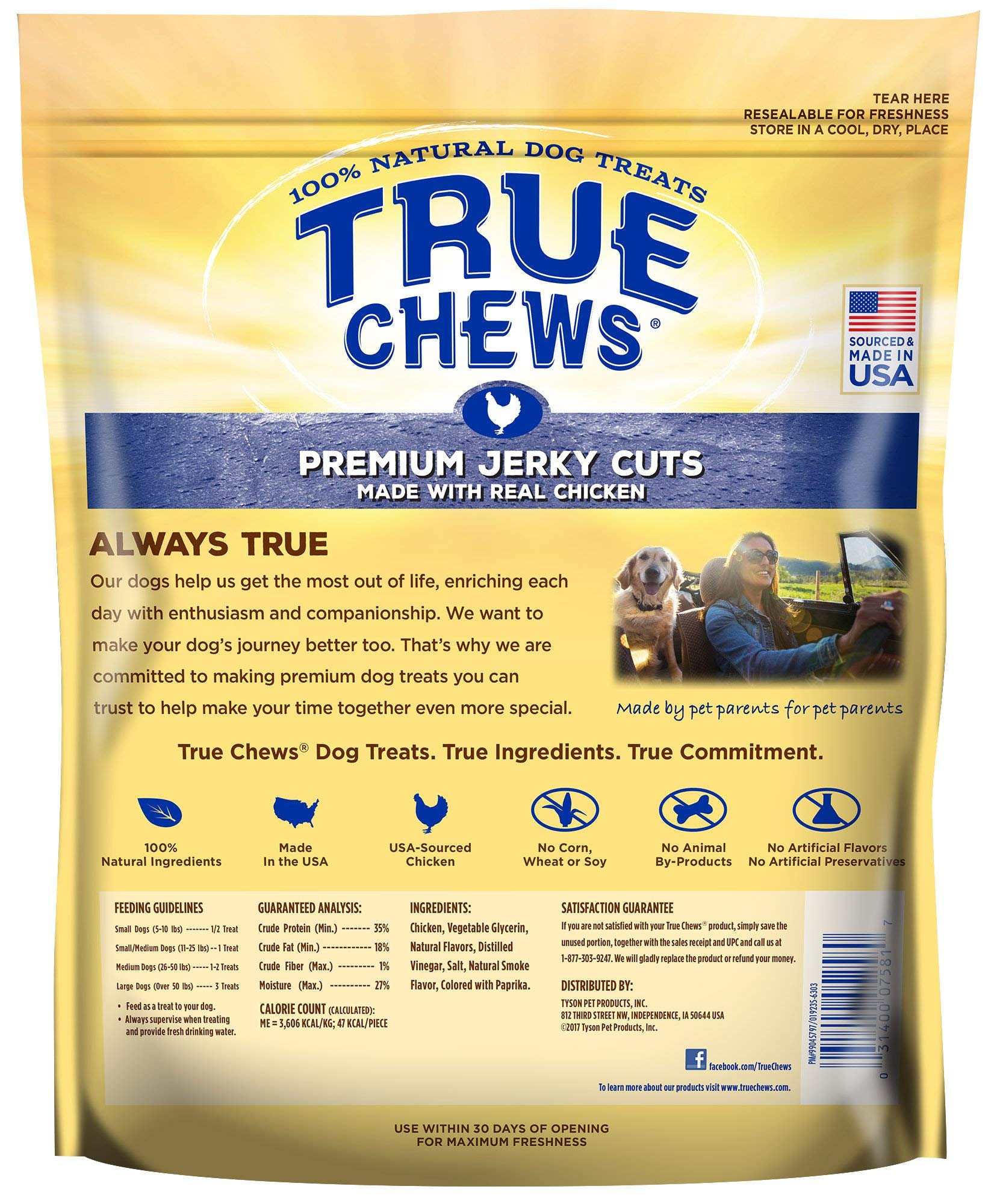 True Chews Premium Jerky Cuts chicken tender chunks close-up highlighting real chicken as the main ingredient.
