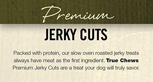 True Chews Premium Jerky Cuts natural ingredients close-up emphasizing grain-free, corn-wheat-soy-free recipe.