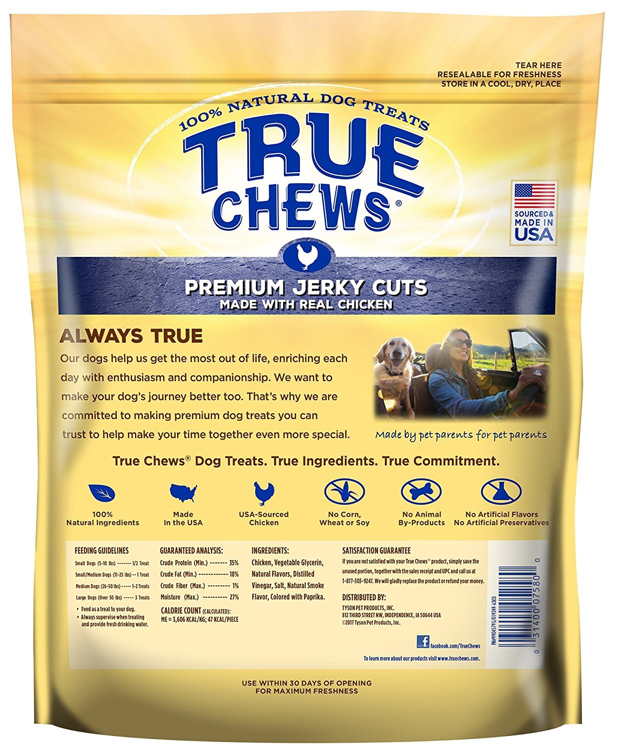 True Chews Tyson jerky texture closeup highlights premium USA-made chicken treat.