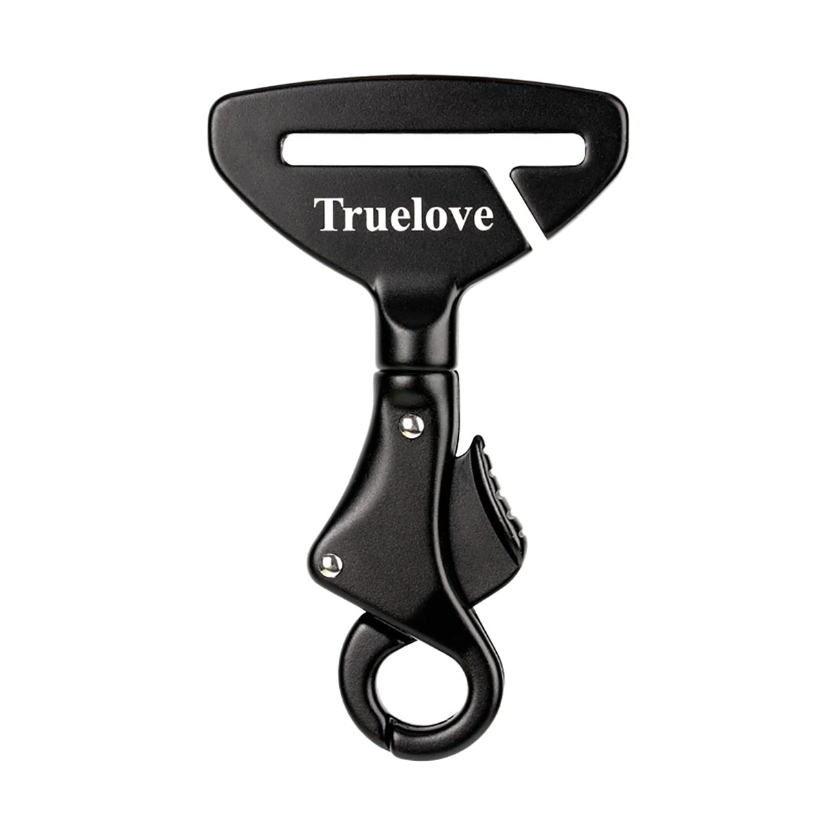 TRUE LOVE buckle close-up shows aviation aluminum build for durability and safety.