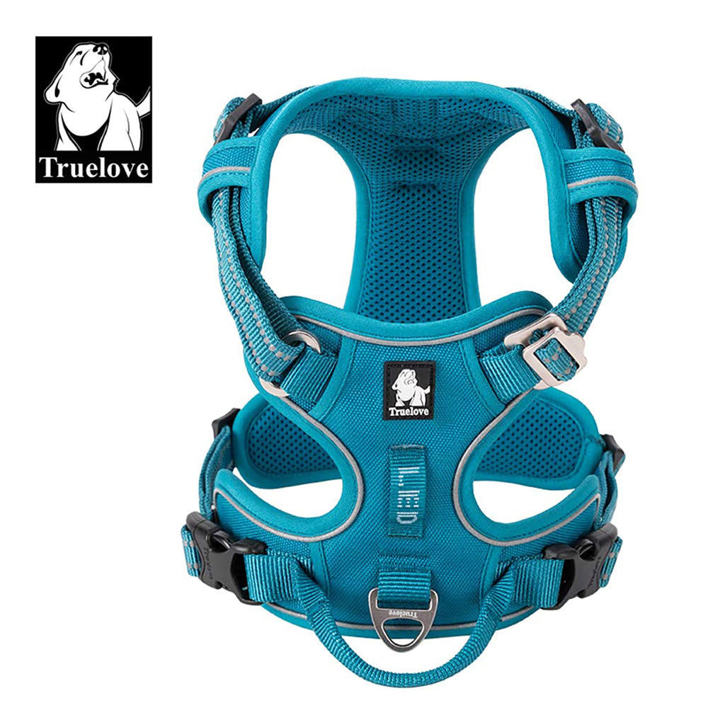 TRUE LOVE dog harness blue side view showing soft padding and fit